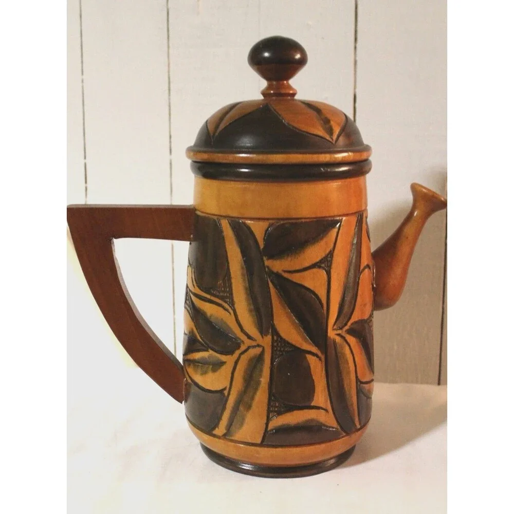 Vintage Polynesian Wooden Pitcher Hand Carved with Lid, Beautifully Crafted.